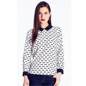 Kate Spade Isadora Silk Bow Print Blouse Peter Pan Collar Black White Size 6